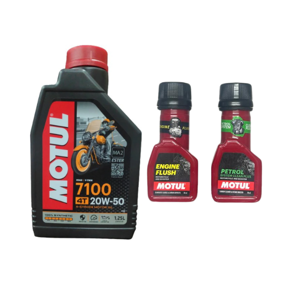 Motul 7100 4T 20W50 API SN Fully Synthetic Engine Oil 1250mL And Engine flush(50ml) Petrol system clean(50ml) Combo