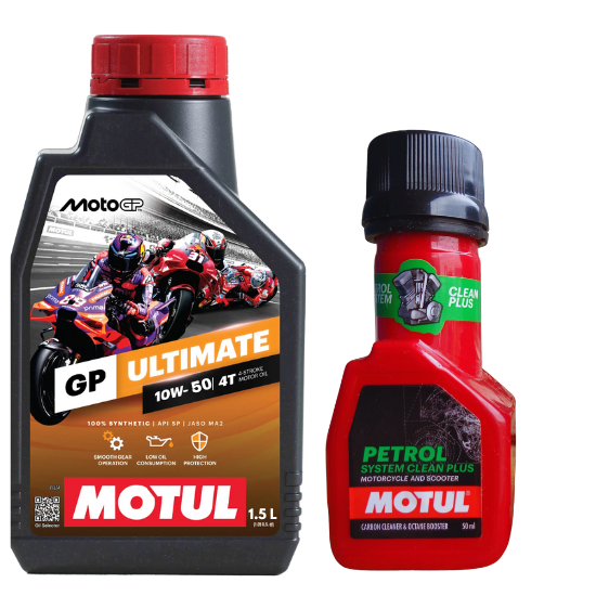 MOTUL Moto GP Ultimate 10W50 Fully Synthetic 4-Stroke Engine Oil for Bike – 1.5L With Petrol System Clean 50ml Combo