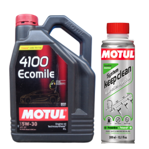 Motul 4100 Ecomile 5W30 Synthetic Engine Oil 4L With Petrol System Keep Clean Gasoline 300ml Combo
