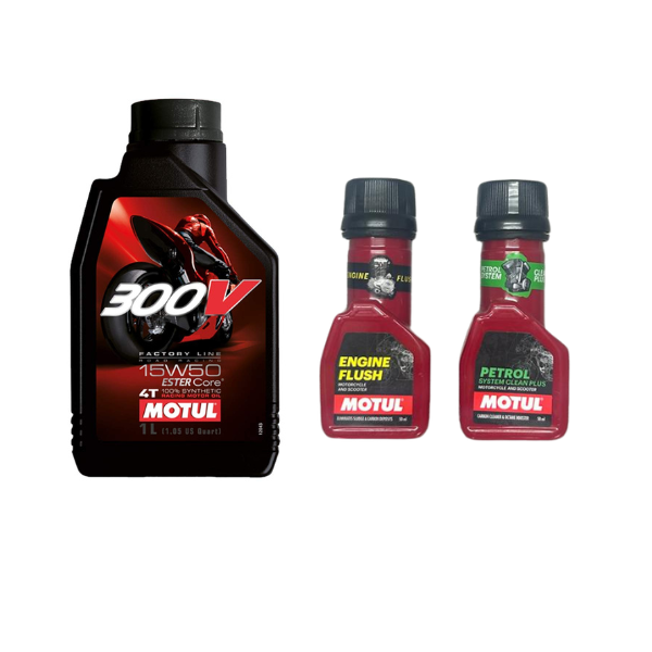 MOTUL 300V 4T 15W-50 Engine oil 1litre Engine flush(50ml) Petrol system clean(50ml) Combo