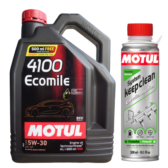 Motul 4100 Ecomile 5W30 Synthetic Engine Oil 4.5L With Petrol System Keep Clean Gasoline 300ml Combo