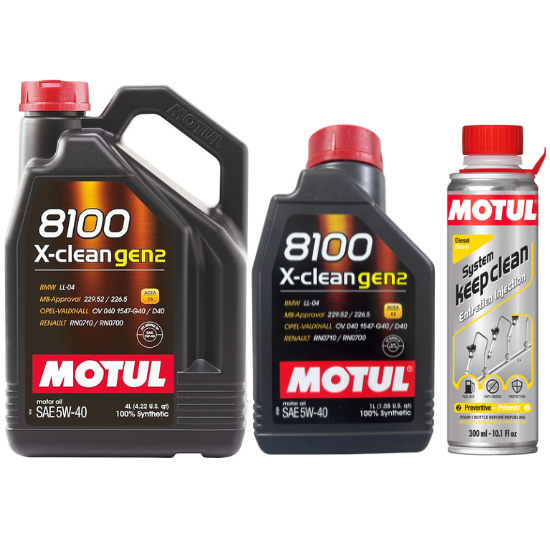 Motul 8100 X-clean gen2 5W-40 100% Synthetic Engine Oil - 4L + 1L Can (5L Total) With Diesel System Keep Clean300ml Combo