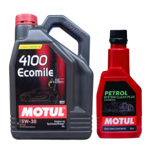 Motul 4100 Ecomile 5W30 Synthetic Engine Oil 4L With Petrol System Clean Plus 200ml Combo
