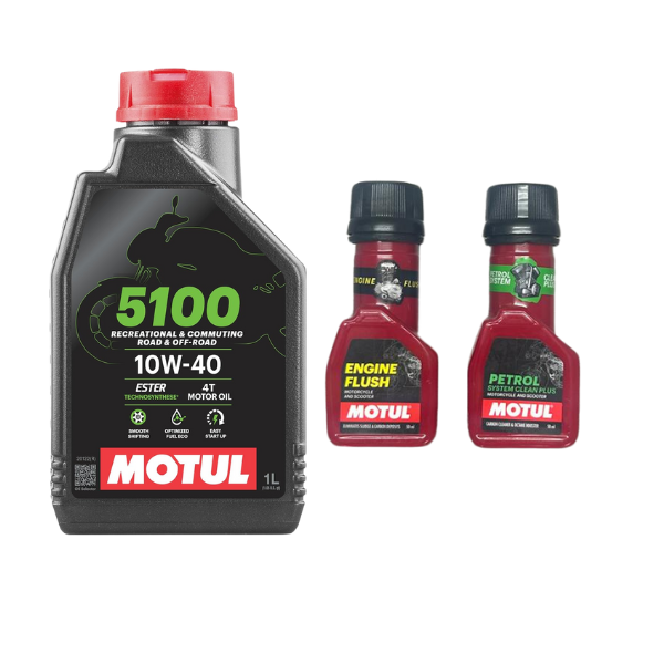 Motul 5100 4T 10W40 Technosynthese  API SL SJ SH SG  Engine Oil for Bikes 1L And Engine flush(50ml) Petrol system clean(50ml) Combo