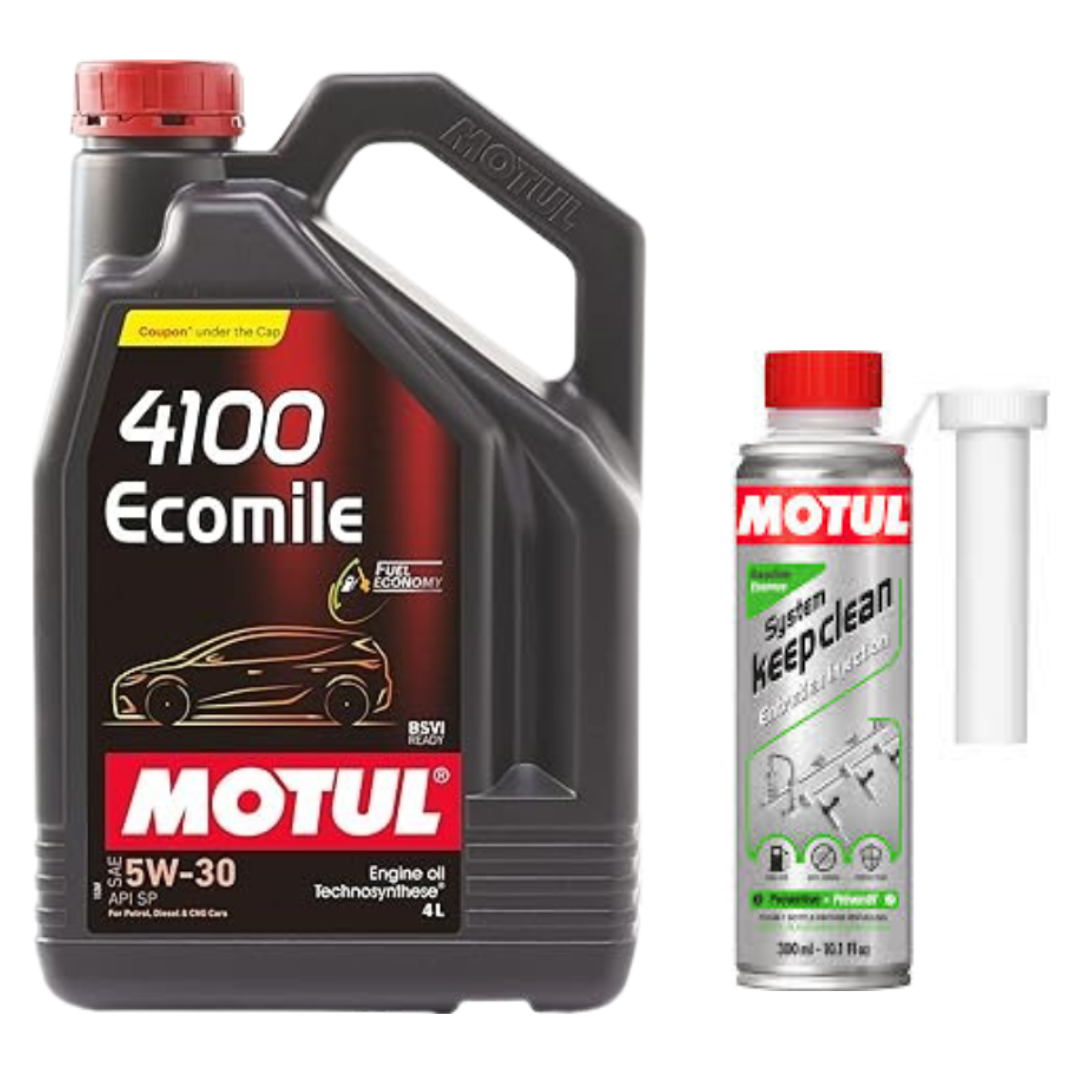 Motul 4100 Ecomile 5W30 4L and Petrol System Clean Combo