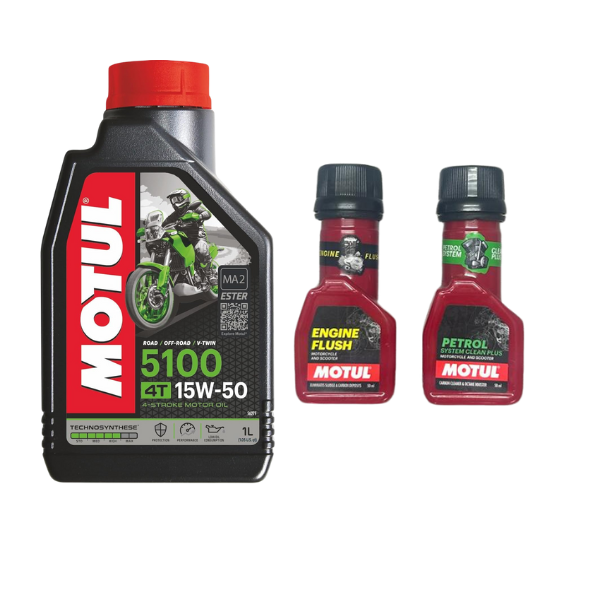 Motul 5100 4T 15W-50 API SM Technosynthese Synthetic Engine Oil for Bikes 1L And Engine flush(50ml) Petrol system clean(50ml) Combo