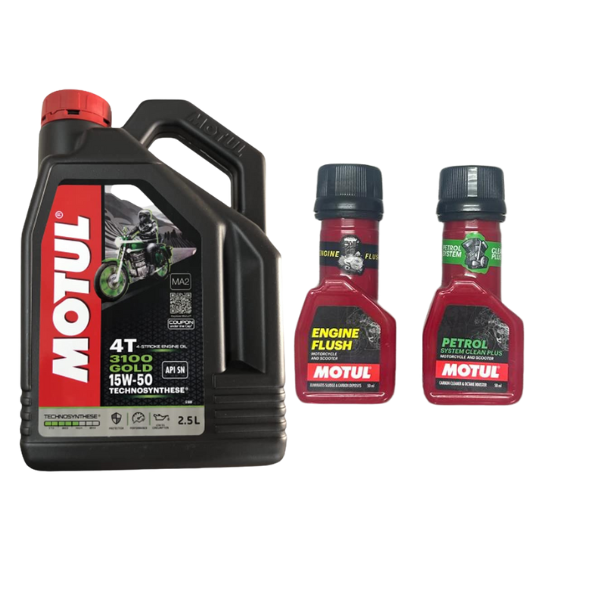 Motul 3100 4T GOLD 15W-50(2.5L) Synthetic Blend Engine Oil,Engine flush(50ml) Petrol system clean(50ml) Combo