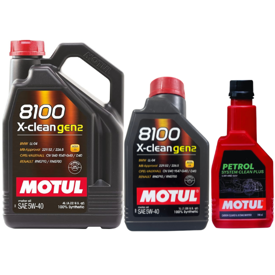 Motul 8100 X-clean gen2 5W-40 100% Synthetic Engine Oil - 4L + 1L Can (5L Total) With Petrol System Clean Plus 200ml Combo