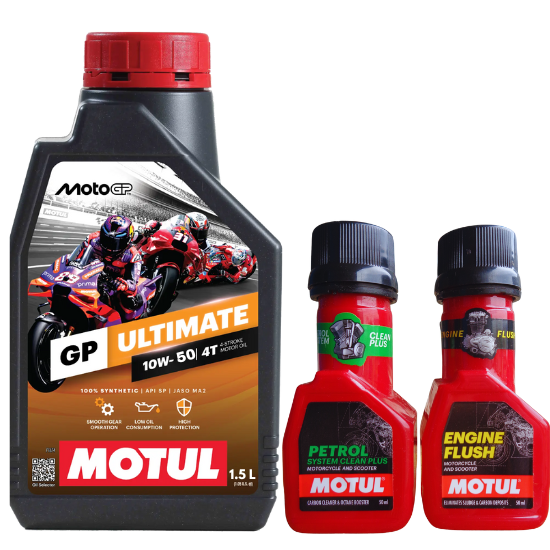 MOTUL Moto GP Ultimate 10W50 Fully Synthetic 4-Stroke Engine Oil for Bike – 1.5L With Petrol System Clean 50ml & Engine Flush 50ml Combo