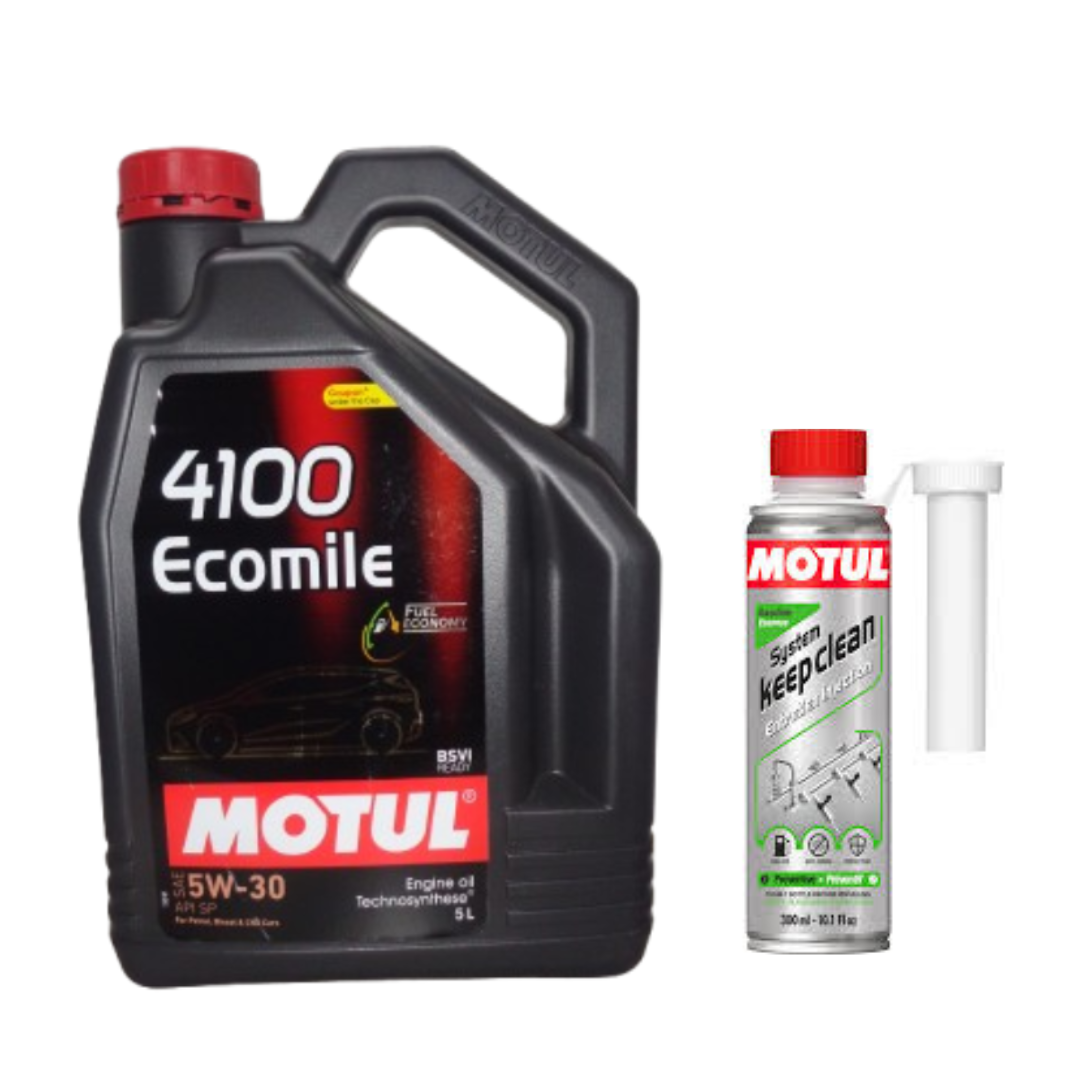 Motul 4100 Ecomile 5W30 5L and Petrol System Clean Combo