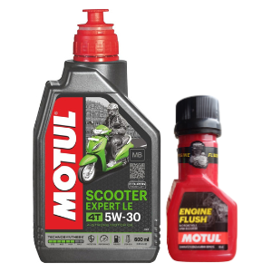 Motul SCOOTER EXPERT LE 5W-30 API SM Technosynthese Synthetic Engine Oil for Bikes 600ml And Engine flush 50ml Combo